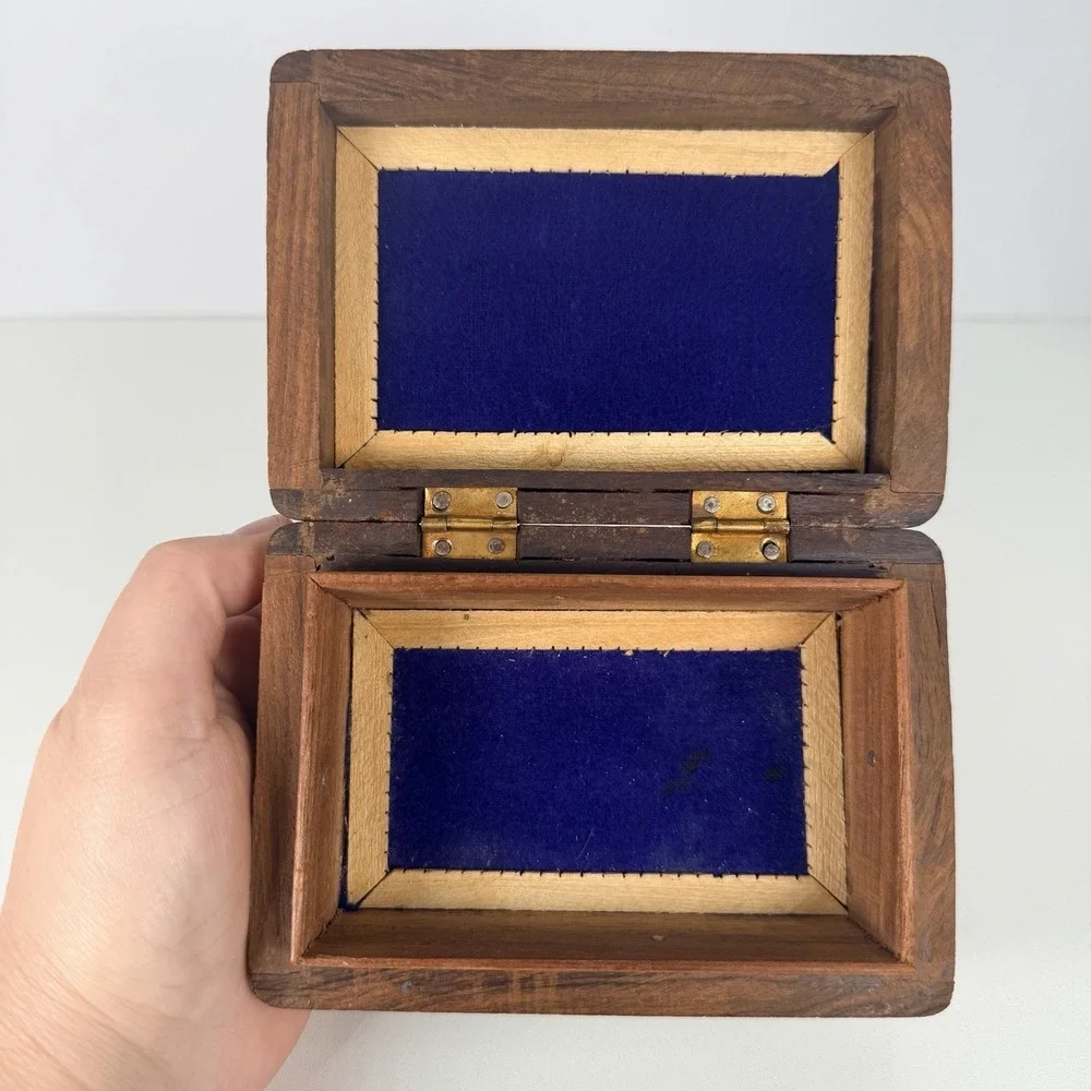 Hand Carved Wooden Jewelry Box Vintage Floral Inlay India Trinket Box